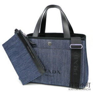PRADA Leather Denim Tote Bag Blue Screen Lettering Logo Shoulder Handbag